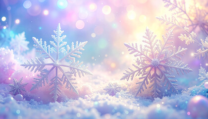 キラキラ輝くプリズムと雪の結晶が舞うパステル冬背景 – Delicate Pastel Winter Background with Iridescent Prism Sparkles and Snowflakes