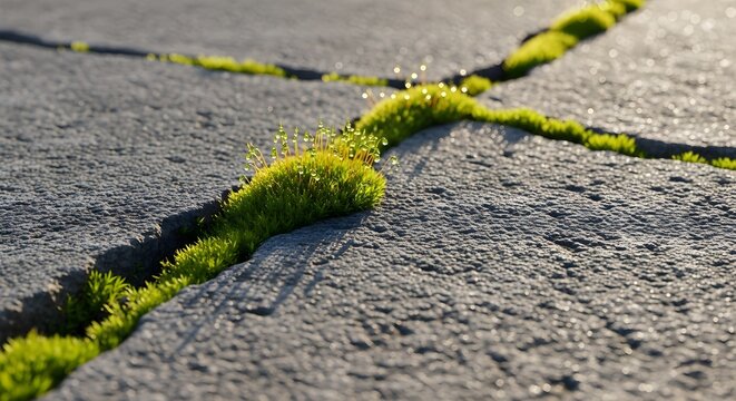 Green moss growing in cracks of asphalt pavement in sunlight - Powered by Adobe