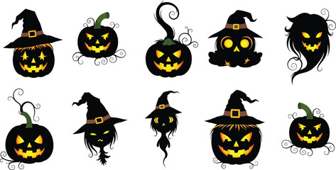 Collection of spooky halloween jack o lanterns and ghosts featuring witch hats and glowing eyes for festive autumn celebrations vector Hallowing Day