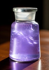 A glass bottle filled with purple liquid and a glass stopper on a wooden surface in soft light
