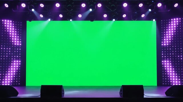 Dynamic concert stage with vibrant purple lighting and large green screens for entertainment shows