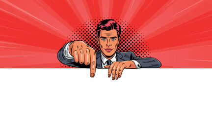 A young pop art businessman points to a blank banner. Pop art in comic book style.