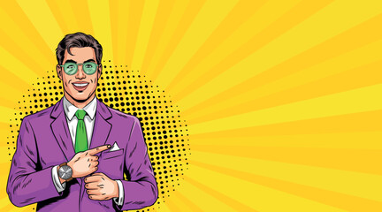 A young pop art businessman points to the side. Pop art in comic book style.