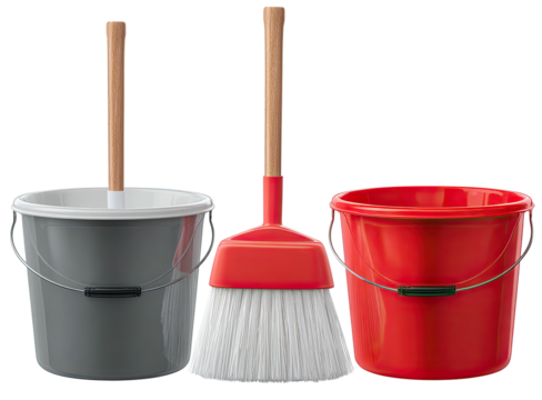 A cleaning set with a broom and two buckets, one gray and one red, with wooden handles