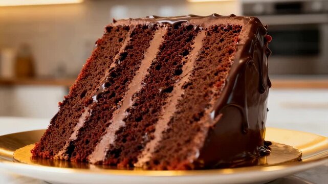Decadent Triple Layer Chocolate Cake Slice with Rich Ganache Drizzle on a White Plate with Golden Trim in a Bright Kitchen Setting