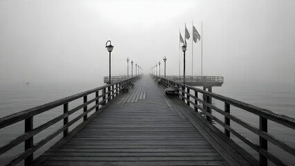 Fototapeta premium Very long wooden pier with lamps