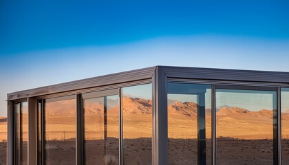 Fototapeta premium aluminium window and door frames with a reflective glass design align perfectly against a desert landscape showcasing a seamless blend of industry and nature