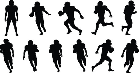 American football silhouette vector illustration, player action poses, running, throwing, catching, black icons, sports theme, athletic motion, team design, game stance