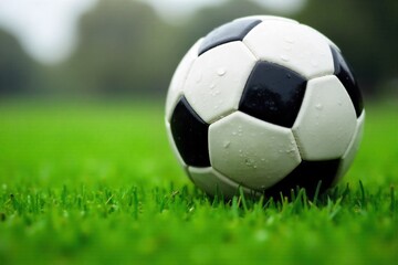 Obraz premium A soccer ball resting on perfectly manicured, dew kissed grass, with soft morning light creating a serene and iconic sports image. A macro shot of a soccer ball resting on a carpet of perfectly