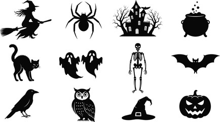 Halloween silhouette vector illustration, spooky icons, witch, bat, pumpkin, skeleton, haunted house, ghost, cauldron, owl, raven, festive design, horror theme