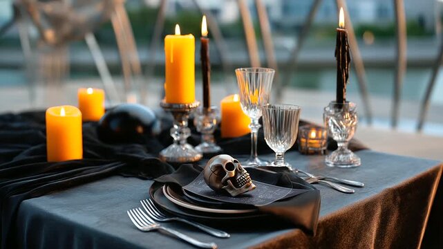 Creepy yet elegant Halloween table setting with dark velvet fabric, candles, skull decor, and orange accents under soft cinematic light, with copy space.