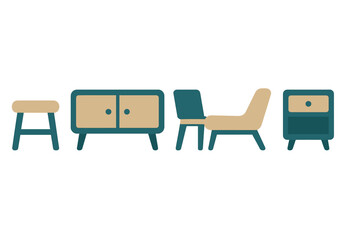 Fototapeta premium Minimalist modern furniture set with stool cabinet armchair and nightstand