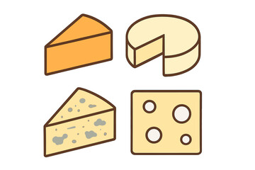 Collection of four stylized cheese icons representing different shapes, textures, and varieties of dairy products