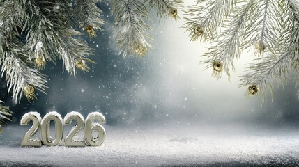 Frosted pine branches frame a peaceful winter scene with sparkling snow and the year 2026 welcoming the New Year with beauty and tranquility