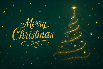 A festive merry christmas greeting card with a golden christmas tree and stars on a dark green background, christmas