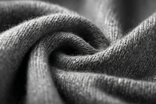 Grey knitted fabric showing soft wool texture and intricate weave pattern