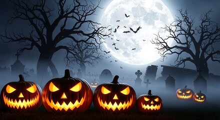 Glowing Jack O Lanterns in a Spooky Graveyard Under a Full Moon with Bats Halloween pumpkin