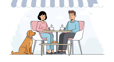Fototapeta premium Couple enjoying coffee with their dog at a charming outdoor cafe