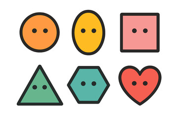 Collection of six colorful basic geometric shapes and a heart symbol with two dots inside each shape