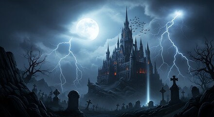 Spooky gothic castle on a hill with lightning strikes and a full moon over a graveyard haunted cemetery