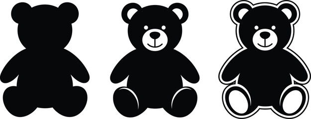Teddy bear silhouette vector illustration, black and white, cute toy design, children’s icon, stuffed animal graphic, playful character, nursery decor art