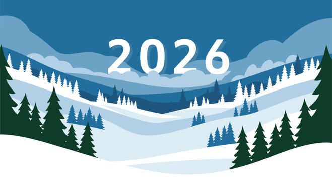 Welcoming 2026 Winter Season in Snowy Mountain Landscape for New Year Celebrations and Holiday Greetings with Vibrant Festive Atmosphere - Powered by Adobe