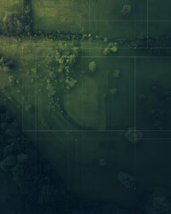 Aerial view of a vast green landscape with agricultural fields and trees, featuring subtle geometric overlays