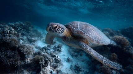Obraz premium A sea turtle swims gracefully over a colorful coral reef in the ocean