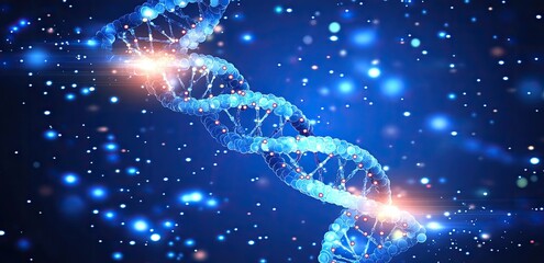 Glowing blue DNA strand with bokeh lights background