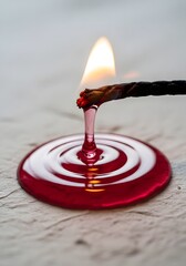 Burning match with melting wax creating a red pool of liquid on a neutral surface