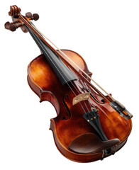 Fototapeta premium A detailed, angled photograph of a classical wooden stringed instrument with a bow, ready to play