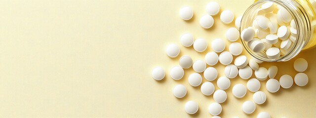 Pills spill from bottle on beige surface, from above