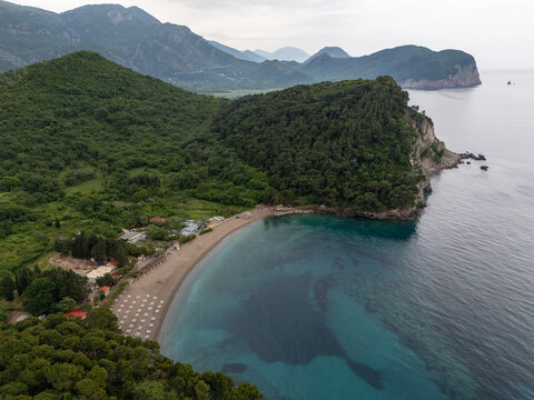 Lucice Beach in Petrovac aerial view in Montenegro