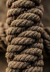 A close up of a sand covered rope showing texture and detail in nautic style imagery