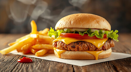 Close up delicious halal beef burger with french fries, Food photography for menu and advertisement