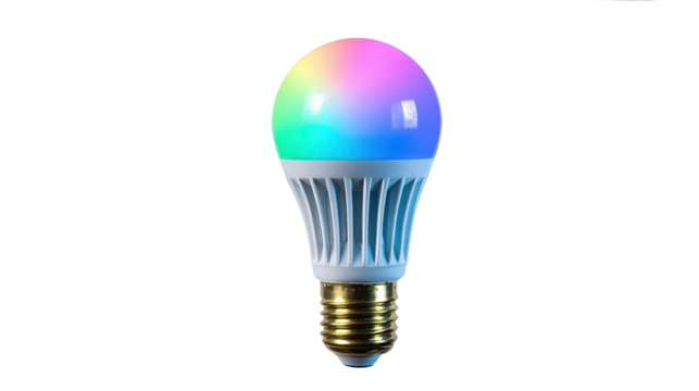 Colorful LED light bulb glowing in the dark.