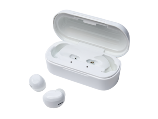 Wireless earbuds in a charging case.