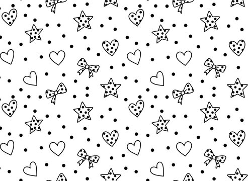 A seamless, abstract vector background featuring black and white hearts, stars, and bows, designed as a decorative banner in a girlish Lol surprise doll style, suitable for an invitation card