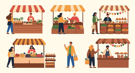 Shoppers and vendors interacting at diverse market stalls offering fresh fruits, vegetables, baked items, and local goods.