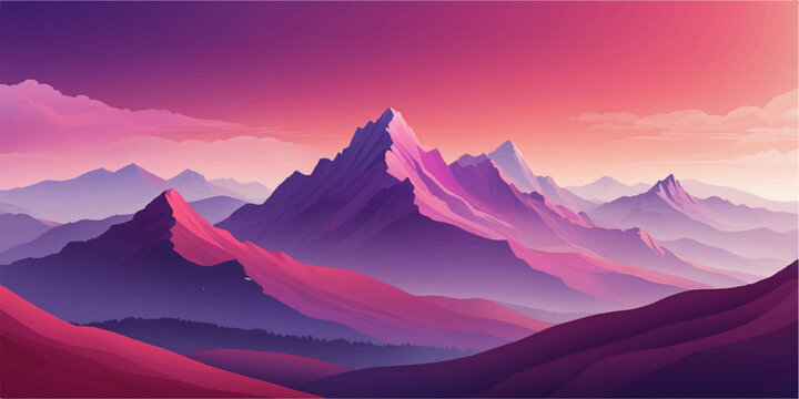 Deep gorge between layered silhouettes, peak in golden red gradient sky. Sheer crags of mount valley under giant ice top of gold sunset color. vector background