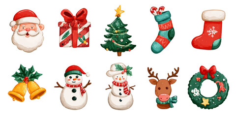 Collection of festive christmas icons featuring santa claus snowman reindeer christmas tree gifts stockings bells and wreath isolated on transparent background