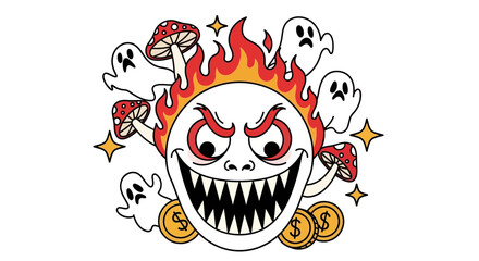 Grotesque character engulfed in flames surrounded by spirits and magic mushrooms vector illustration