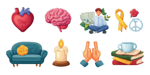 Collection of diverse objects and symbols representing health emotions home creativity relaxation and education