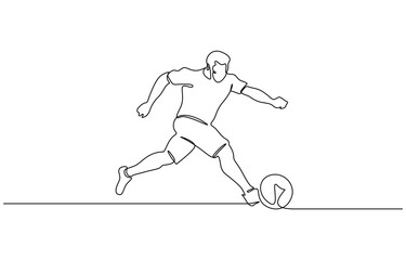 Continuous line drawing of football player kicking ball on a transparent background. EPS 10