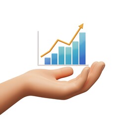 Hand holding a rising bar graph with an upward trending arrow