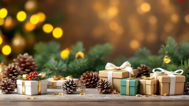 Festive Christmas Gifts and Pine Cones Arrange on Rustic Wooden Table with Twinkling Bokeh Lights Background in Warm Golden Hour Glow
