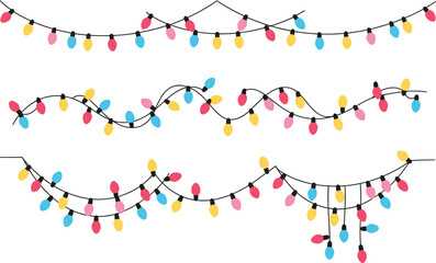 Christmas string lights with colorful teardrop bulbs, festive holiday decoration illustration set, seasonal celebration artwork, cad drawing flat vector design