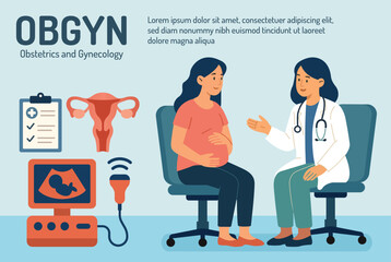 OBGYN obstetrics and gynecology clinic pregnancy patient and doctor poster template flat illustration