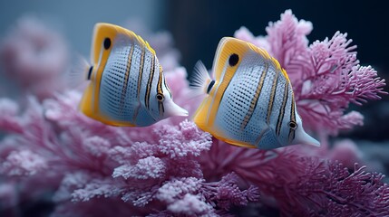 A playful pair of butterflyfish with distinct patterns glide effortlessly through a lush underwater garden, adding elegance and charm to the vibrant marine scene.
