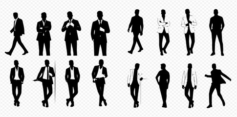 Collection of diverse male silhouettes in business and casual attire, showcasing various standing and walking poses.
